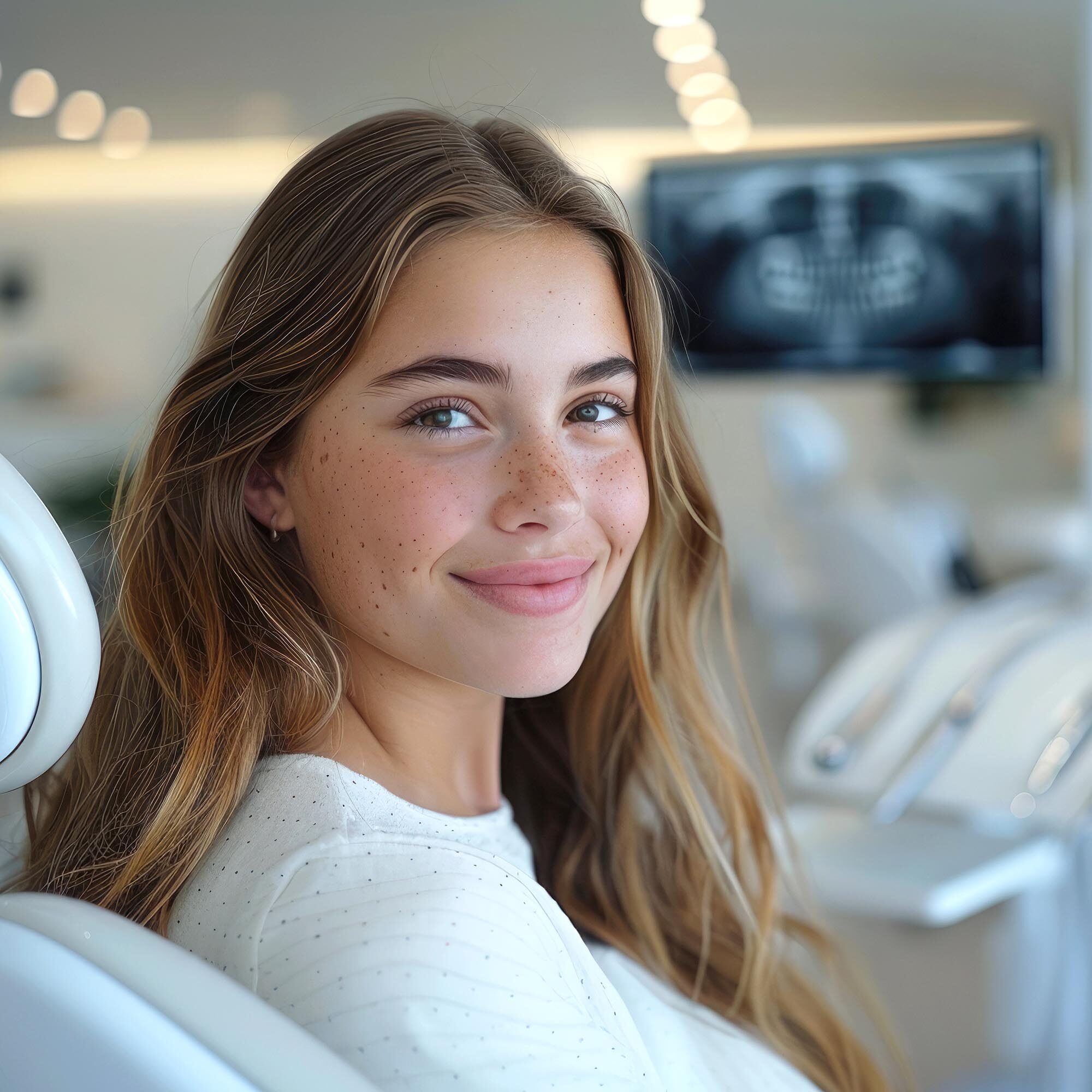 smiling child in a chair in a dentist's office, view of the office --ar 3:2 --style raw --stylize 750 Job ID: 2e0b067e-21fb-4beb-a652-cd73c0ad9380